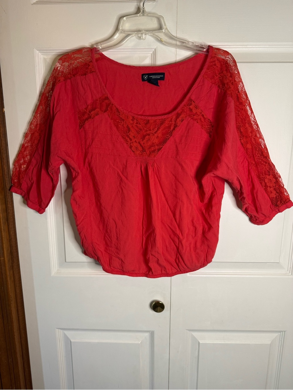 American Eagle Outfitters Red Lace Accent Scoop Neck Blouse